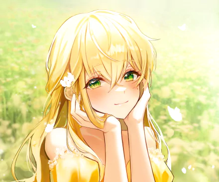 HD anime desktop wallpaper featuring a blonde anime girl with green eyes, surrounded by soft sunlight and nature elements.