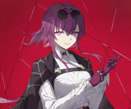HD PC desktop wallpaper featuring Kafka from the video game Honkai: Star Rail, showcasing her with purple hair and a confident expression against a red background.