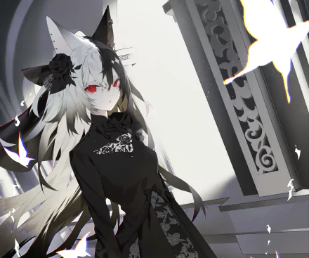 Anime girl with white and black hair, red eyes, and black floral dress stands in a monochrome, detailed setting; a 4K Ultra HD PC desktop wallpaper and background.