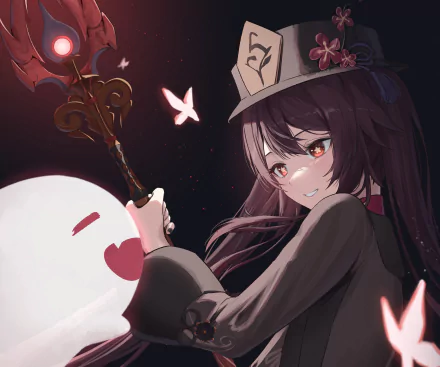 HD PC desktop wallpaper of Hu Tao from Genshin Impact, featuring her glowing eyes and playful expression against a dark background with floating butterflies and a smiling spirit.