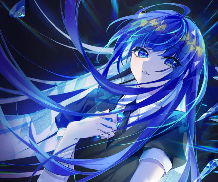 HD anime desktop wallpaper featuring Lapis Lazuli from Land of the Lustrous with flowing blue hair and vibrant, glowing accents.