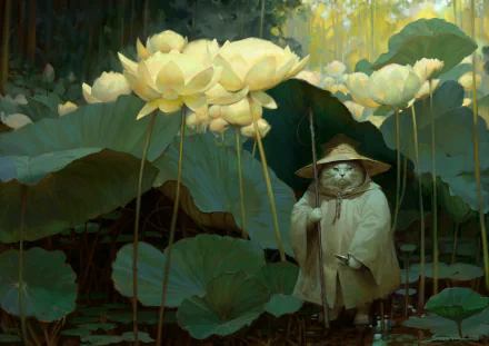 HD PC desktop wallpaper and background: a fantasy cat in a straw hat and robe stands amid towering lotus and lush Fantasy Nature under soft golden light.