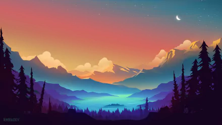 A vibrant, artistic landscape featuring mountains, a serene lake, and a colorful sunset sky. This 4K Ultra HD wallpaper captures the beauty of nature in stunning detail.