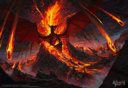 A dramatic dragon emerges from a fiery volcano, surrounded by swirling flames and ash. This high-definition fantasy artwork serves as a captivating PC desktop wallpaper.