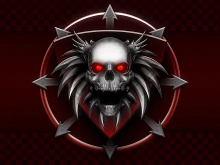 HD desktop wallpaper featuring a dark, menacing skull with glowing red eyes and metal spikes, set against a deep red and black background.