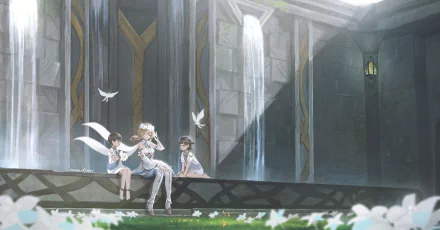 Lumine from Genshin Impact sits with two children near a waterfall inside a grand stone chamber in this 4K Ultra HD PC desktop wallpaper.