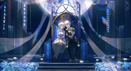 Aether and Lumine from Genshin Impact sitting together in an ethereal setting, featured as a high-definition desktop wallpaper and background.