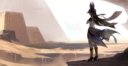 Cyno from Genshin Impact stands on a cliff edge overlooking a vast desert landscape in this 4K Ultra HD PC desktop wallpaper.