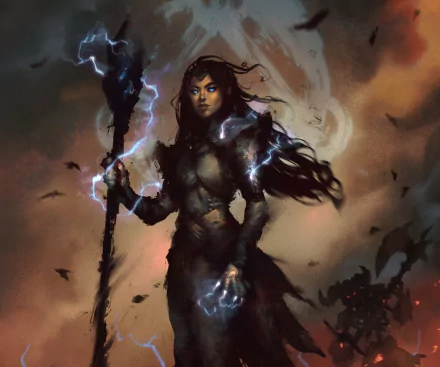 Diablo IV video game sorceress amid a storm, glowing staff and crackling lightning, dark HD PC desktop wallpaper background