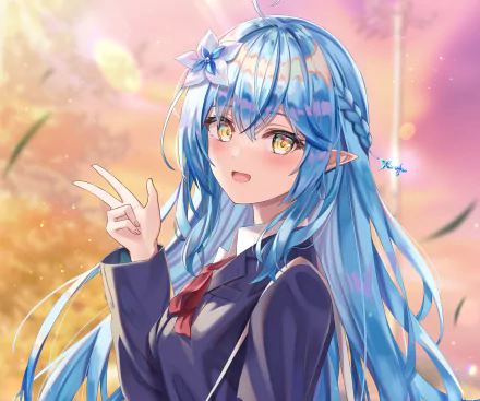 2K Quad HD PC desktop wallpaper: anime VTuber with long blue hair and elf-like ears in a school uniform, smiling and flashing a peace sign against a warm sunset.