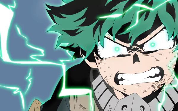 Vibrant 8K Ultra HD wallpaper featuring Izuku Midoriya from My Hero Academia, with intense green lightning effects and a fierce determined expression.