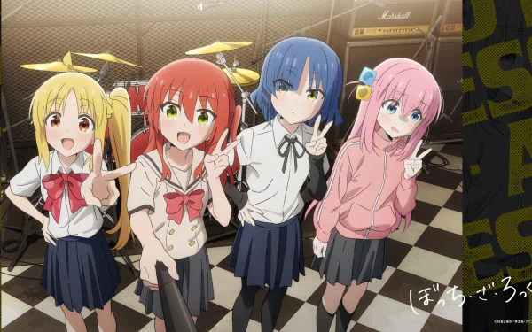 HD anime desktop wallpaper featuring Ikuyo Kita, Nijika Ijichi, Ryou Yamada, and Hitori Gotou from Bocchi the Rock! posing together in a music rehearsal room.