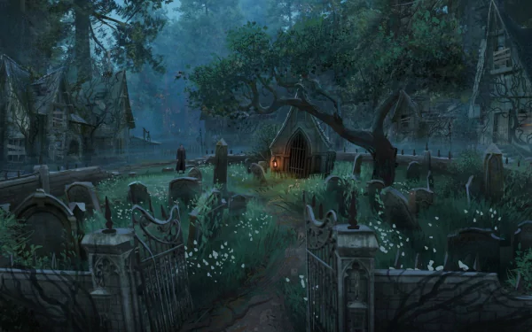 Beautiful graveyard scene inspired by the video game Hogwarts Legacy, perfect as a HD desktop wallpaper.