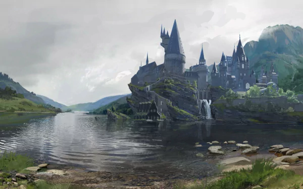 HD PC desktop wallpaper of Hogwarts Castle (Hogwarts Legacy): a majestic castle on a rocky lakeshore with waterfalls, turrets and misty mountains beneath a cloudy sky.