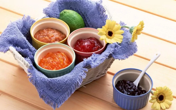 HD desktop wallpaper featuring a basket with small bowls of colorful jam, a lime, and yellow flowers arranged on a blue cloth.