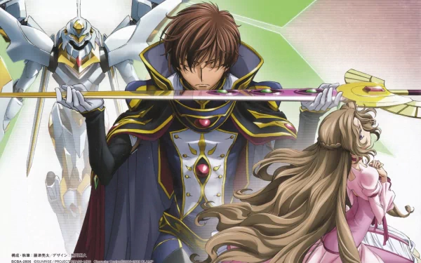 A stunning HD wallpaper featuring Nunnally Lamperouge and Suzaku Kururugi from Code Geass, showcasing their dramatic poses against a vibrant background.