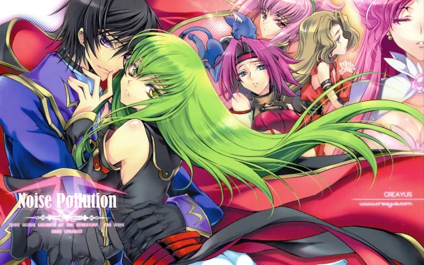 A vibrant HD wallpaper featuring characters from Code Geass, including Lelouch Lamperouge, C.C., Kallen Kōzuki, and the Britannia sisters, set against a colorful and dynamic background.