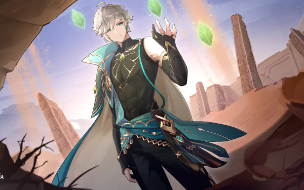 Al-haitham (Genshin Impact) in sunlit desert ruins with teal cloak and floating green crystals — video game art, 5K Ultra HD PC Desktop Wallpaper and Background.