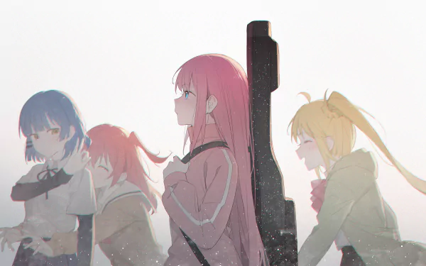 4K Ultra HD anime wallpaper featuring Ikuyo Kita, Ryou Yamada, Hitori Gotou, and Nijika Ijichi from Bocchi the Rock! against a soft, light background.