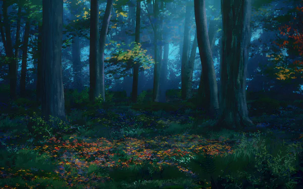 A serene forest scene with vibrant foliage and soft lighting, inspired by the anime Vinland Saga, captured in stunning 4K Ultra HD for a captivating desktop wallpaper.