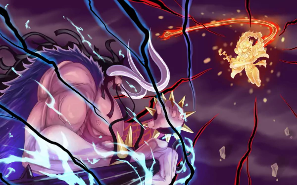 5K Ultra HD PC desktop wallpaper: One Piece anime showdown — Monkey D. Luffy unleashing a fiery attack on Kaido amid crackling energy and a stormy sky.
