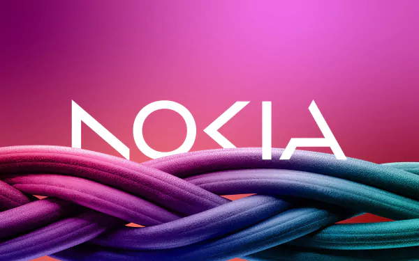 4K Ultra HD desktop wallpaper featuring intertwined cables with the Nokia logo against a gradient pink and purple background, highlighting technology and connectivity.