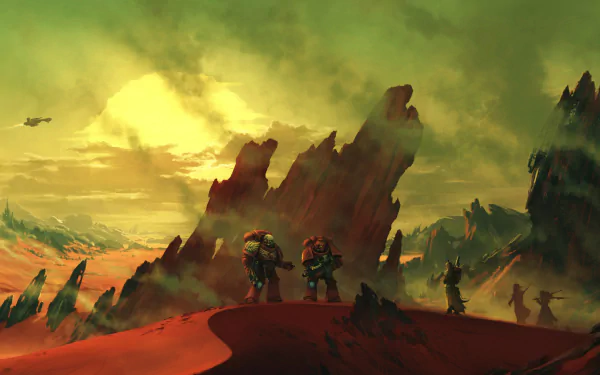 HD Warhammer 40k PC desktop wallpaper depicting armored warriors standing on a rocky, red landscape under a dramatic, greenish-yellow sky in a video game setting.