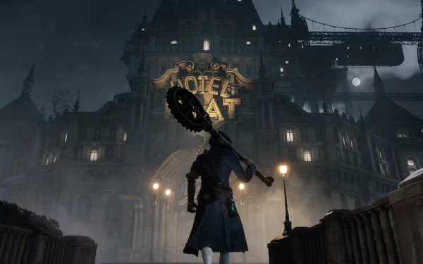 4K Ultra HD PC desktop wallpaper — Lies Of P: puppet-like protagonist with a cogwheel head and weapon stands on a bridge before a lamplit Gothic hotel under a stormy night sky.