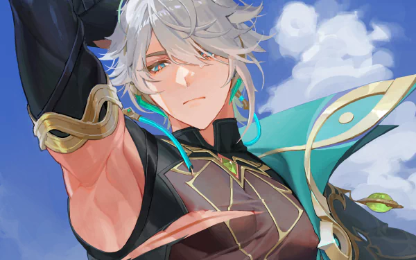 HD PC desktop wallpaper featuring Al-haitham from the video game Genshin Impact, showcasing his detailed outfit and confident expression against a bright sky background.