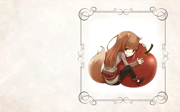 A charming HD wallpaper featuring Holo from Spice and Wolf, playfully sitting next to a large red apple, framed by delicate swirls on a soft background.