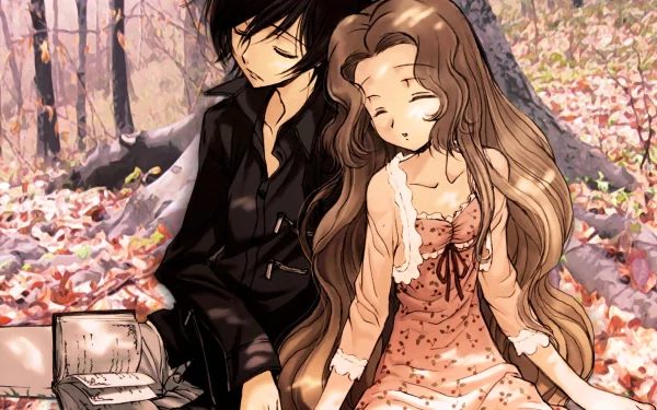 Nunnally and Lelouch Lamperouge sit together in a serene autumn setting, surrounded by fallen leaves, capturing a poignant moment from the anime Code Geass. HD wallpaper.