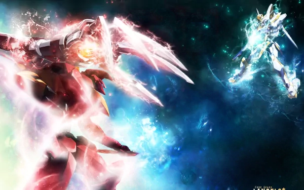 HD anime desktop wallpaper featuring Lancelot and Guren mechas from Code Geass in a vibrant, dynamic space battle scene.