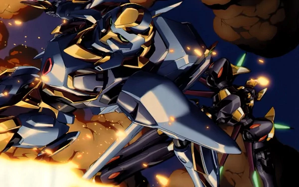 HD desktop wallpaper featuring Lancelot, the iconic Knightmare Frame from the anime Code Geass, set against a dynamic battle background.