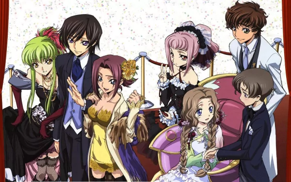 HD anime desktop wallpaper featuring Suzaku Kururugi, Rolo Lamperouge, Nunnally Lamperouge, Anya Alstreim, Lelouch Lamperouge, Kallen Kōzuki, and C.C. from Code Geass.