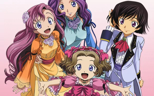 HD anime desktop wallpaper of Code Geass characters Nunnally, Suzaku, Lelouch and Cornelia smiling and posing together against a soft pink background.