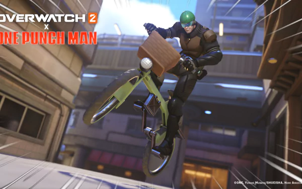 HD desktop wallpaper featuring Mumen Rider from One Punch Man in a crossover with Overwatch 2, riding his bike dynamically through an urban landscape.