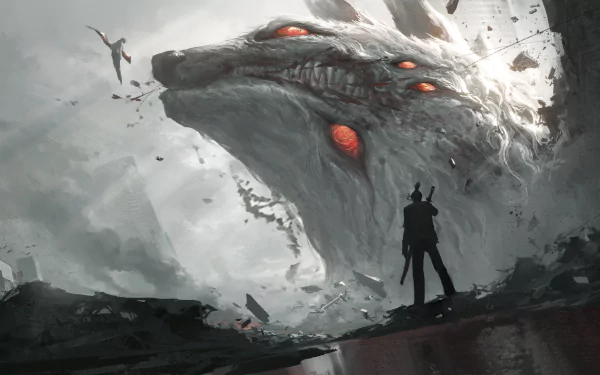 4K Ultra HD Chainsaw Man anime wallpaper featuring Aki Hayakawa standing before the imposing Fox Devil with glowing red eyes in a dark, misty landscape.