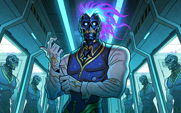 Fortnite loading screen: neon-skulled figure with glowing purple hair and blue vest in a mirrored futuristic corridor — HD PC desktop wallpaper/background, video game art.