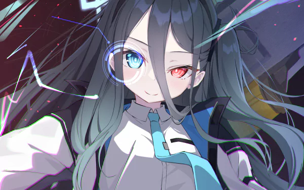 HD PC desktop wallpaper featuring Tendou Alice from the video game Blue Archive, showcasing her distinctive heterochromatic eyes and futuristic design.