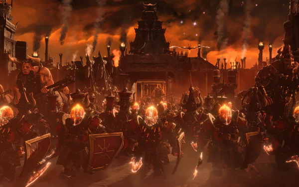 Video game 4K Ultra HD PC wallpaper and background for Total War: Warhammer III: an infernal army of armored warriors with flaming helmets advancing before a burning, smoke-filled city.