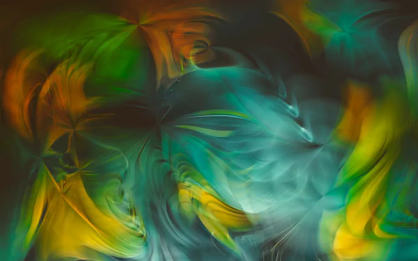 8K Ultra HD PC desktop wallpaper — abstract colors: teal, green, yellow and orange fluid swirls and smoky, painterly waves blending across the frame.