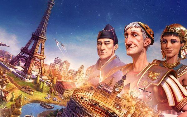 HD wallpaper featuring Civilization VI game leaders with Eiffel Tower and cityscape for desktop background.