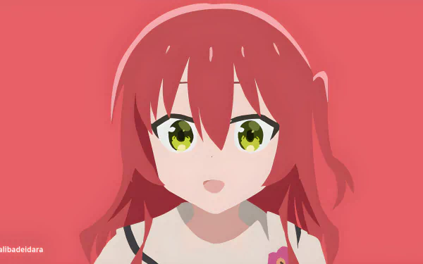 Ikuyo Kita (Bocchi the Rock!) — close-up anime portrait with red hair and green eyes on a coral background, 4K Ultra HD PC desktop wallpaper.