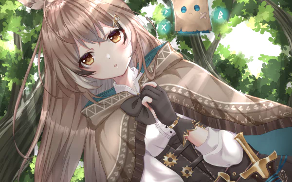 HD PC desktop wallpaper featuring Nanashi Mumei from hololive as an anime-style virtual YouTuber in a detailed forest setting.