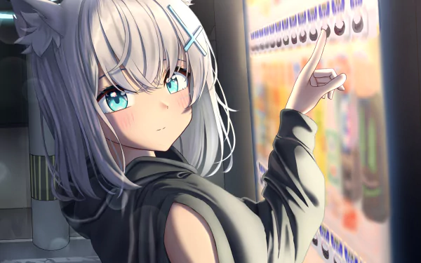 Shiroko Sunaookami from Blue Archive: silver‑haired, blue‑eyed video game character with wolf‑like ears pointing at a vending machine — HD PC desktop wallpaper/background.