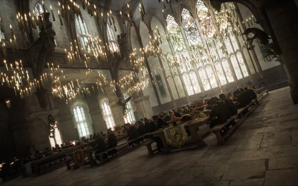 Hogwarts Legacy video game 4K Ultra HD PC desktop wallpaper: the Great Hall with floating candles, long house tables and stained-glass windows.