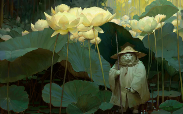 HD PC desktop wallpaper and background: a fantasy cat in a straw hat and robe stands amid towering lotus and lush Fantasy Nature under soft golden light.