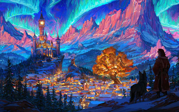 HD fantasy city desktop wallpaper featuring a vibrant, illuminated cityscape with a castle, glowing auroras, and scenic mountains. A cloaked figure and a dog overlook the enchanting scene.