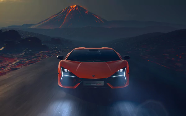 4K Ultra HD PC wallpaper featuring a sleek Lamborghini Revuelto driving on a dark road with a glowing volcanic mountain in the background.