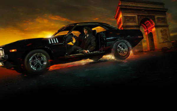 A dynamic 4K Ultra HD desktop wallpaper from *John Wick: Chapter 4*, featuring a sleek black car with a dramatic sunset backdrop and iconic architectural elements.